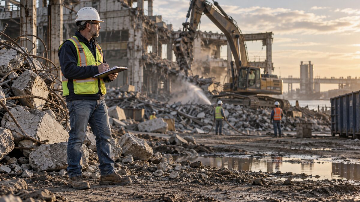Field supervisor documenting demolition work on site