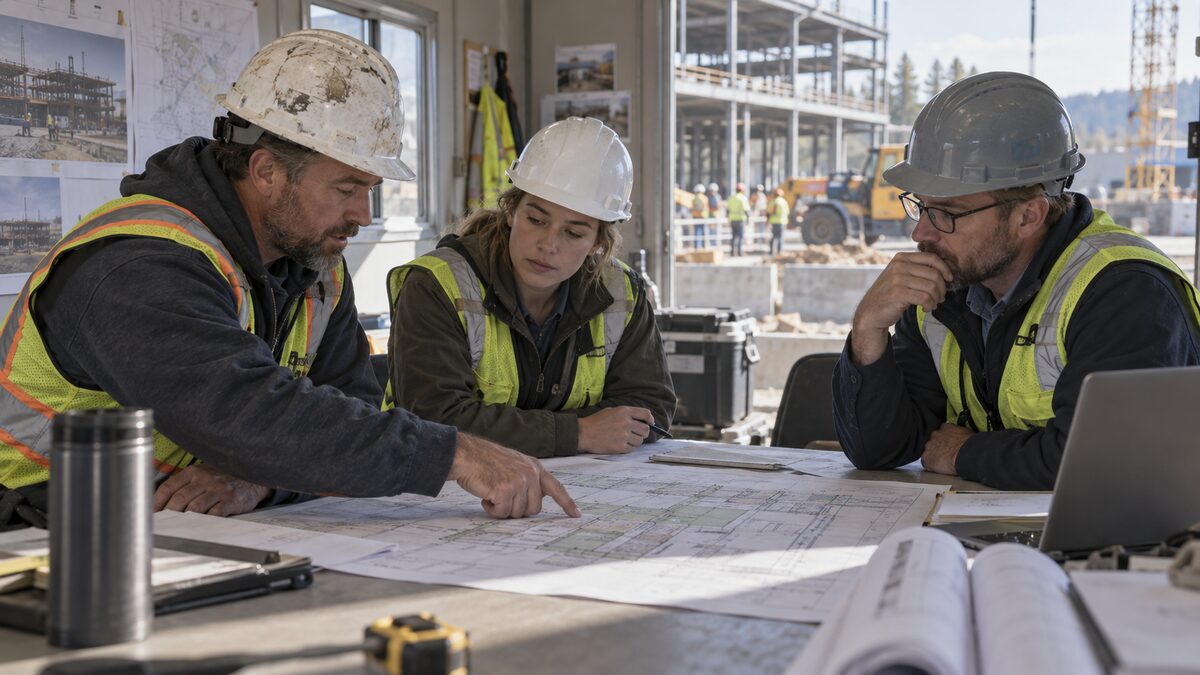 Project team coordinating the work sequence around a site plan